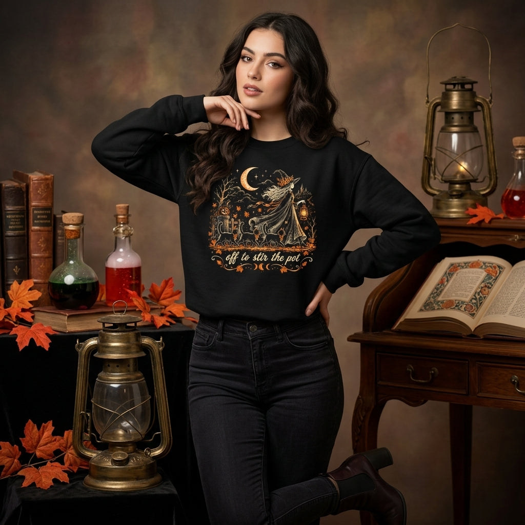 Off to Stir The Pot Witch and Black Cat Halloween T-shirt Sweatshirt Hoodie - mockup 2