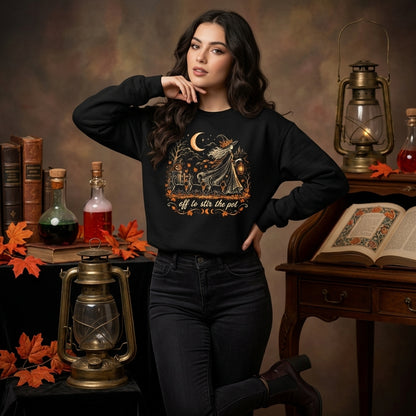 Off to Stir The Pot Witch and Black Cat Halloween T-shirt Sweatshirt Hoodie - mockup 2