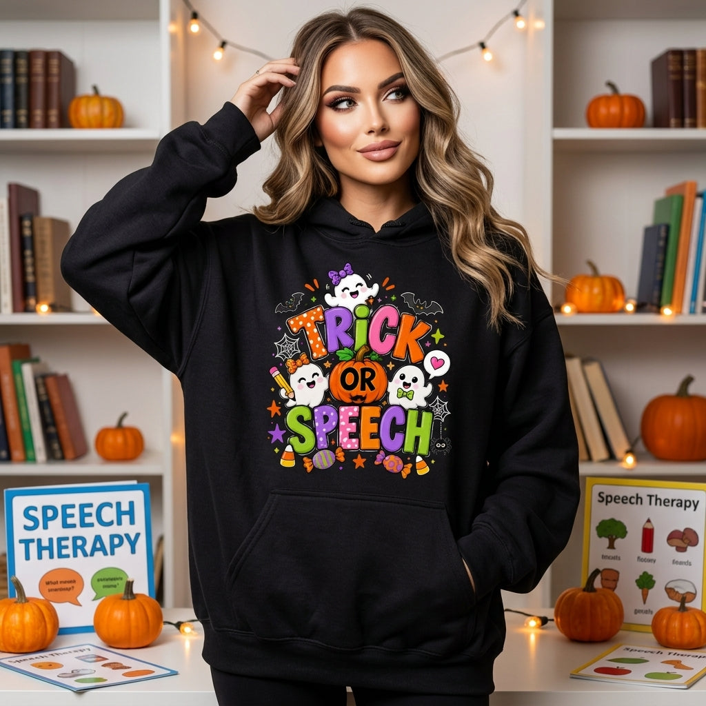 Trick Or Speech Cute Halloween SLP T-shirt Sweatshirt Hoodie – Speech Therapy Teacher Gift - mockup 1