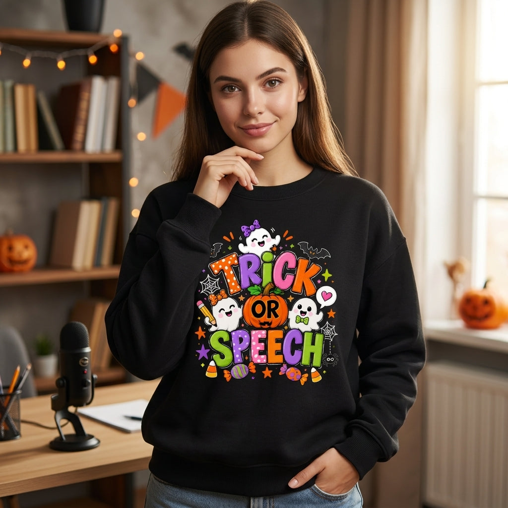 Trick Or Speech Cute Halloween SLP T-shirt Sweatshirt Hoodie – Speech Therapy Teacher Gift - mockup 2