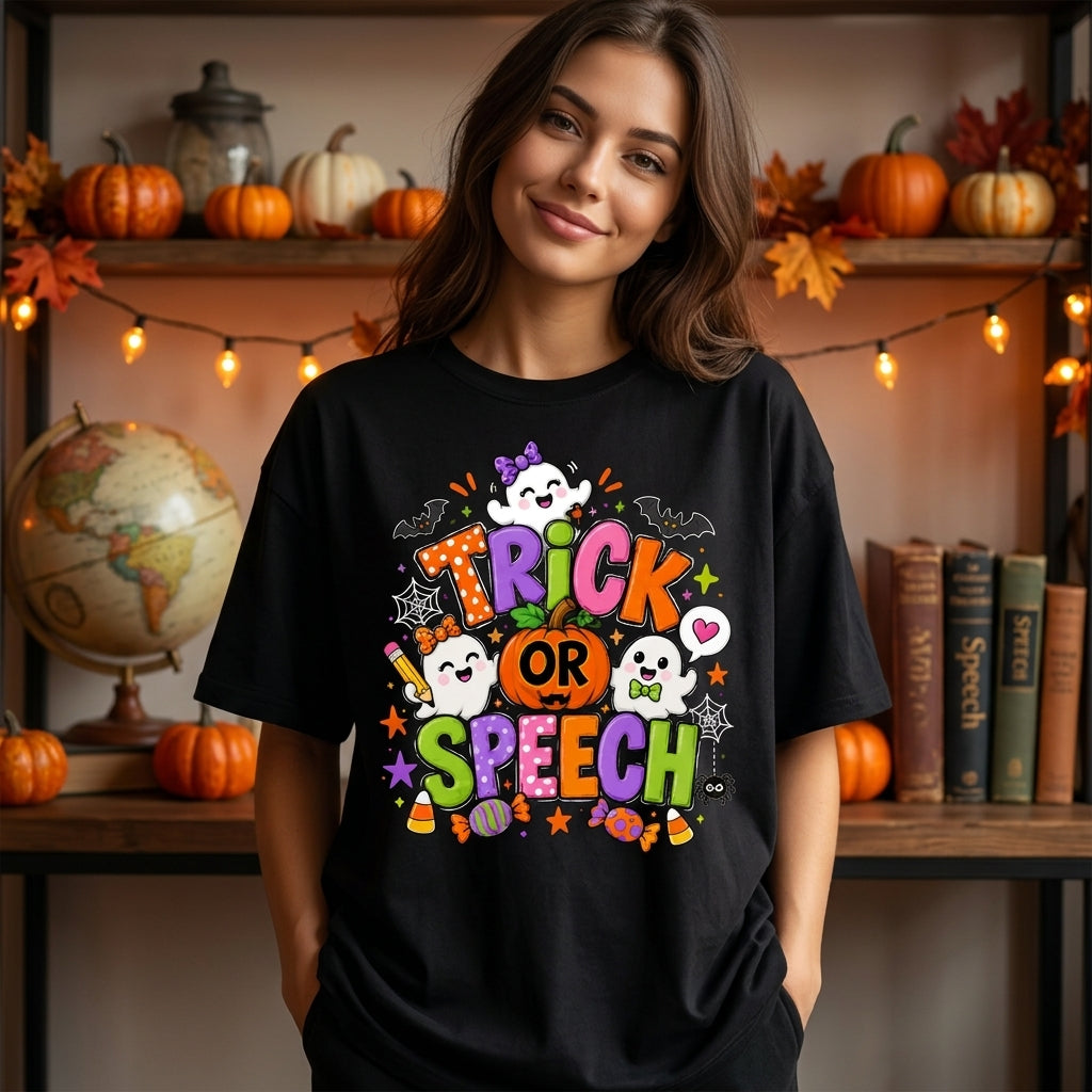 Trick Or Speech Cute Halloween SLP T-shirt Sweatshirt Hoodie – Speech Therapy Teacher Gift - mockup 3