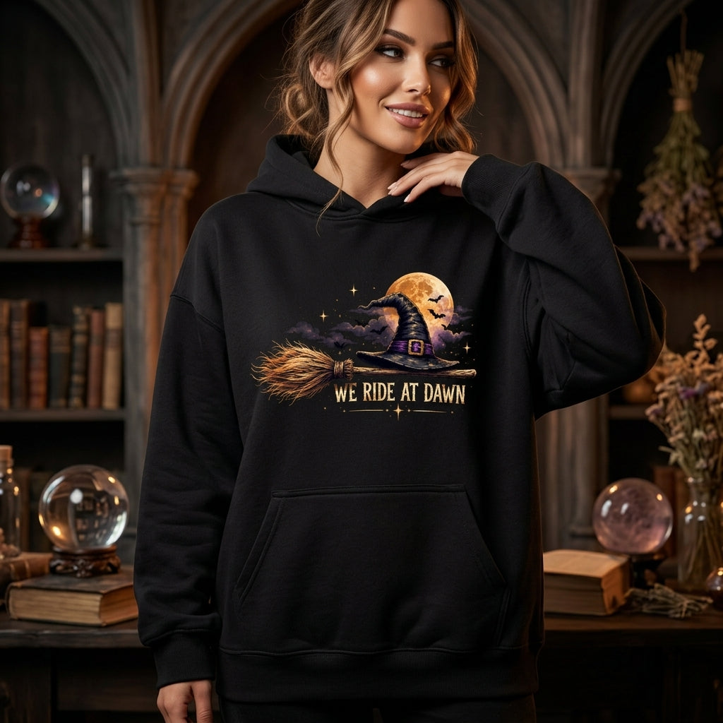 We Ride At Dawn Witch Hat Broomstick Funny Halloween T-shirt Sweatshirt Hoodie - mockup 1