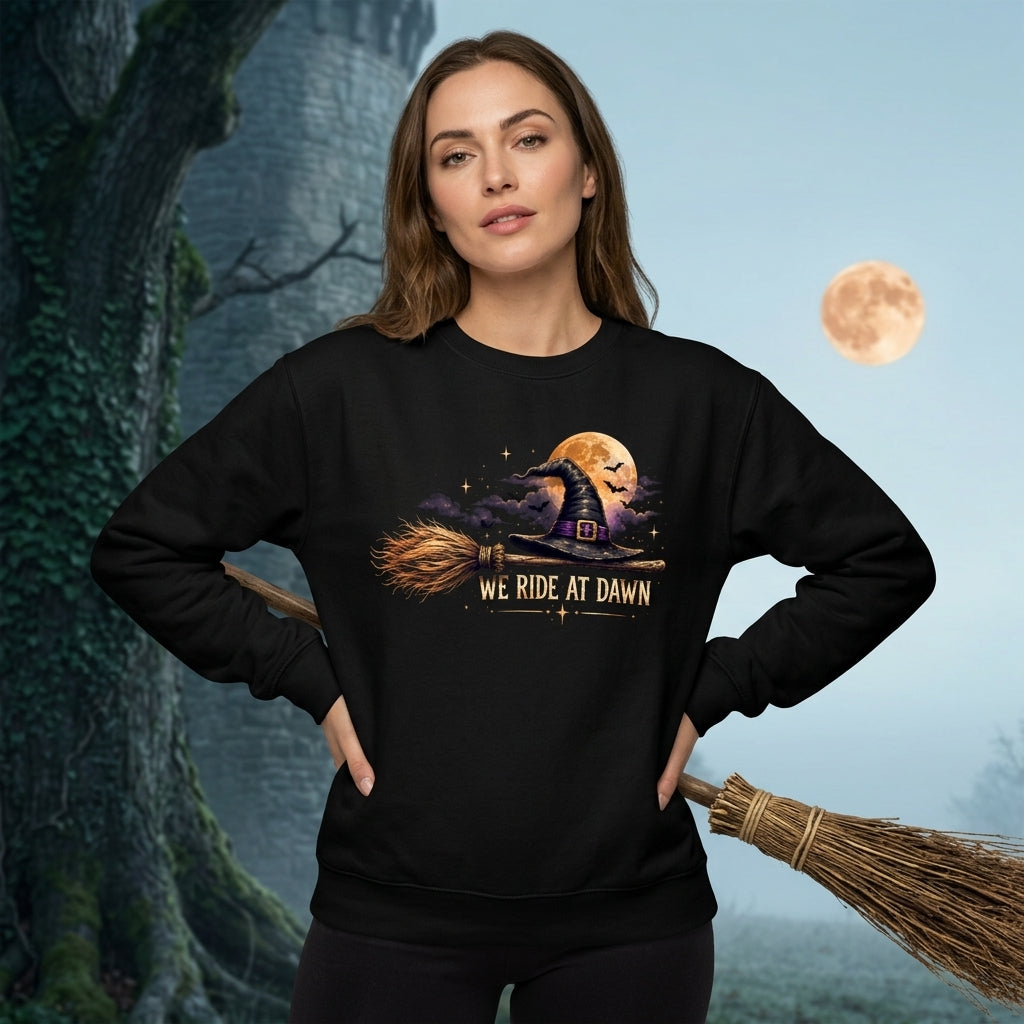 We Ride At Dawn Witch Hat Broomstick Funny Halloween T-shirt Sweatshirt Hoodie - mockup 2