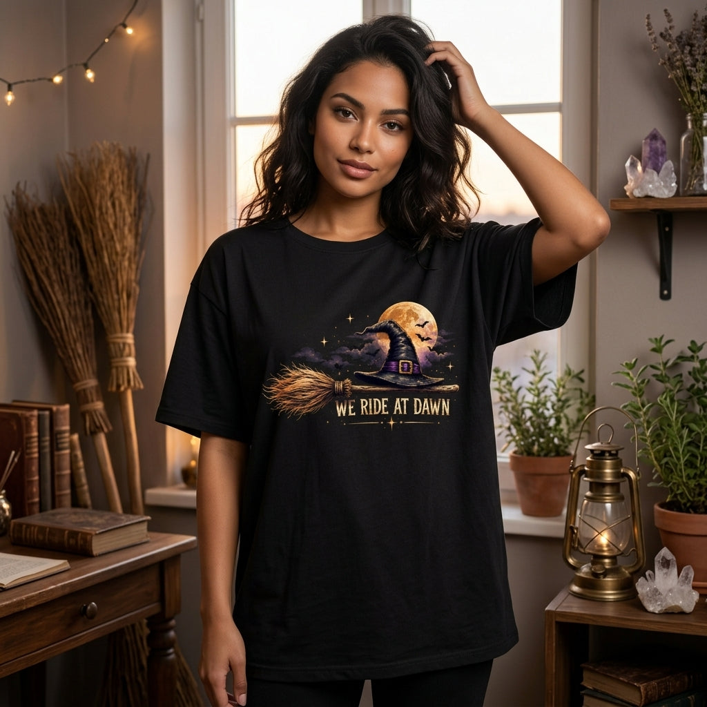 We Ride At Dawn Witch Hat Broomstick Funny Halloween T-shirt Sweatshirt Hoodie - mockup 3