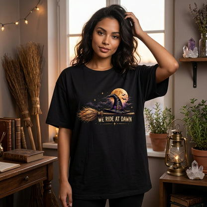 We Ride At Dawn Witch Hat Broomstick Funny Halloween T-shirt Sweatshirt Hoodie - mockup 3