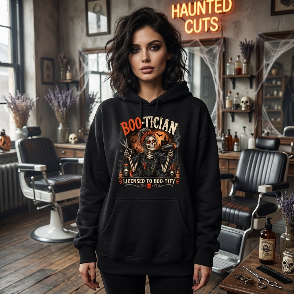 Boo-Tician Halloween Hair Stylist Skeleton T-shirt Sweatshirt Hoodie – Funny Salon Gift - mockup 1