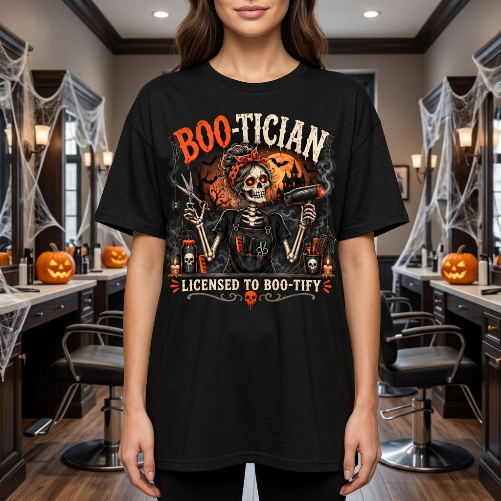 Boo-Tician Halloween Hair Stylist Skeleton T-shirt Sweatshirt Hoodie – Funny Salon Gift - mockup 3