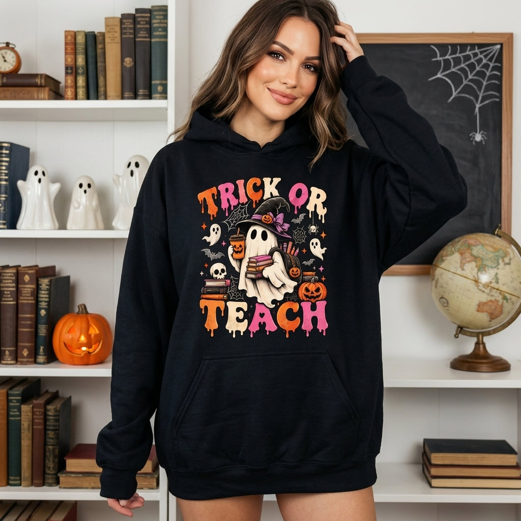 Trick Or Teach Groovy Teacher Halloween Retro Ghost T-Shirt Sweatshirt Hoodie – Cute Educator Gift - mockup 1