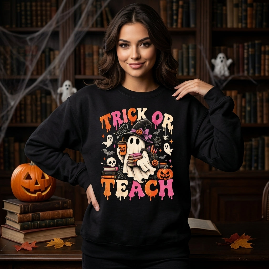 Trick Or Teach Groovy Teacher Halloween Retro Ghost T-Shirt Sweatshirt Hoodie – Cute Educator Gift - mockup 2