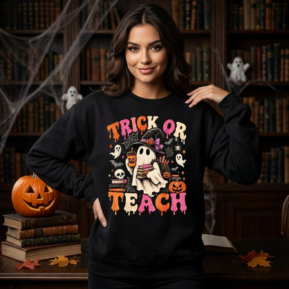Trick Or Teach Groovy Teacher Halloween Retro Ghost T-Shirt Sweatshirt Hoodie – Cute Educator Gift - mockup 2
