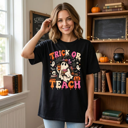 Trick Or Teach Groovy Teacher Halloween Retro Ghost T-Shirt Sweatshirt Hoodie – Cute Educator Gift - mockup 3