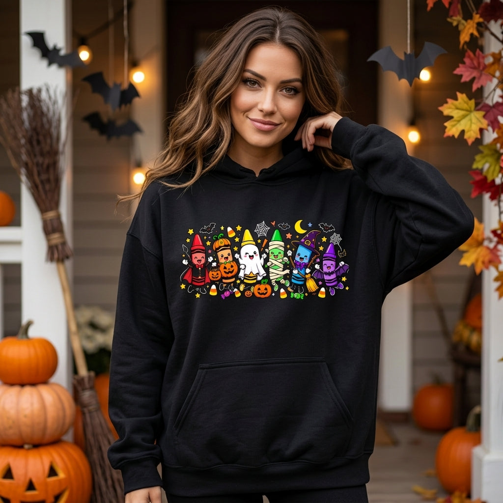 Spooky Halloween Crayons Teacher T-Shirt Sweatshirt Hoodie – Cute Classroom Costume - mockup 1
