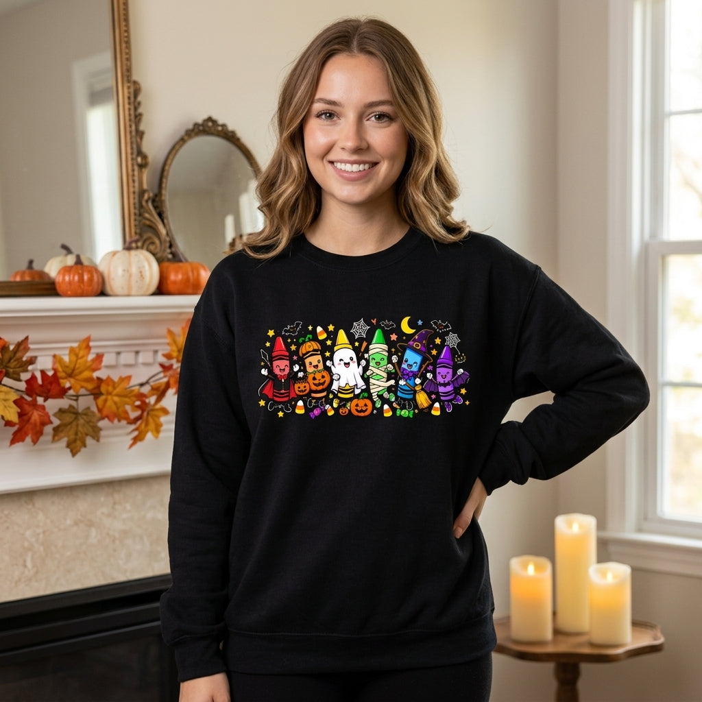 Spooky Halloween Crayons Teacher T-Shirt Sweatshirt Hoodie – Cute Classroom Costume - mockup 2