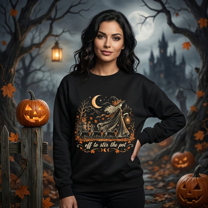 Off to Stir The Pot Witch Black Cat Halloween Spooky T-Shirt Sweatshirt Hoodie - mockup 1