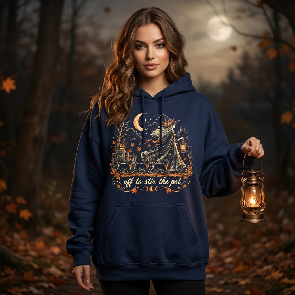 Off to Stir The Pot Witch Black Cat Halloween Spooky T-Shirt Sweatshirt Hoodie - mockup 2