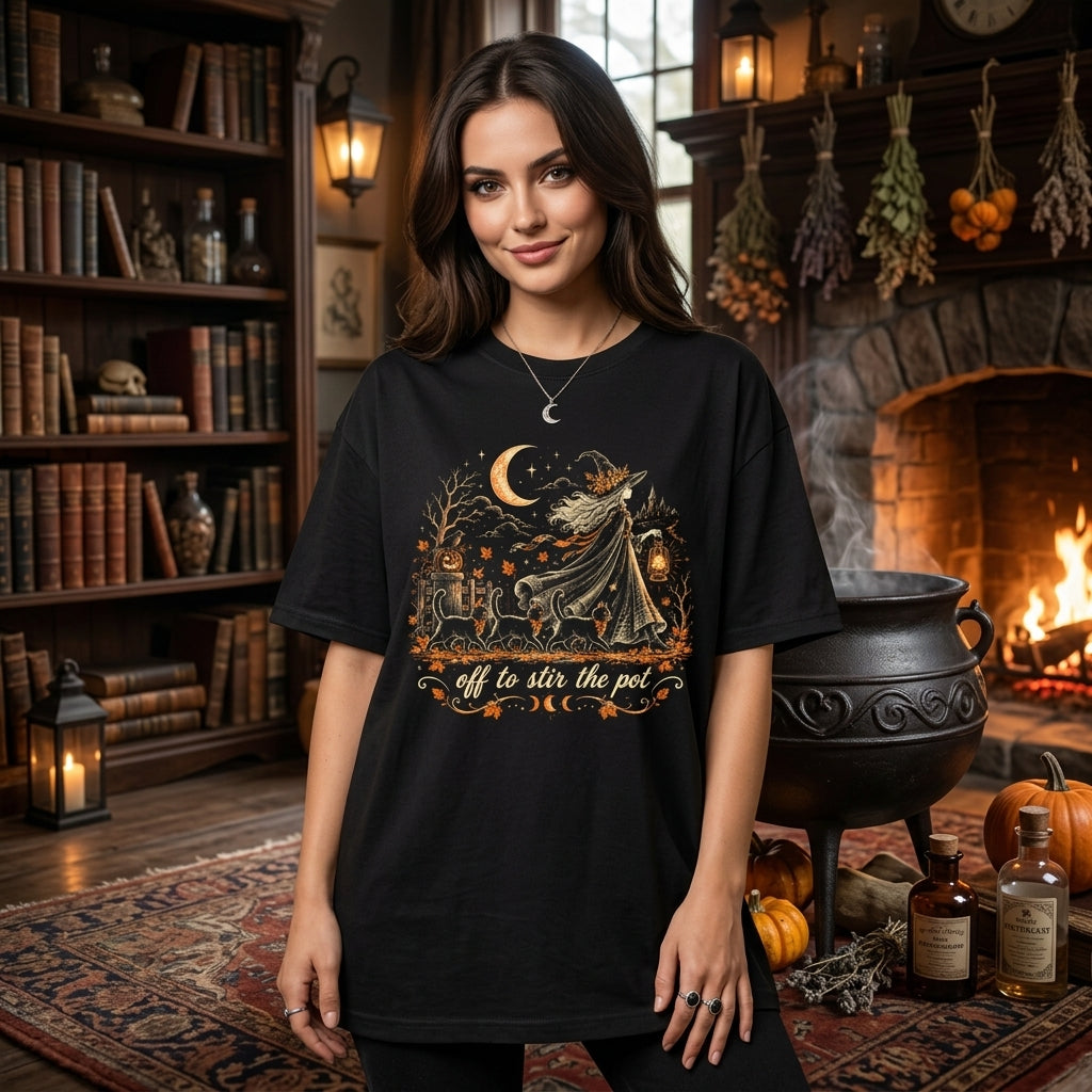 Off to Stir The Pot Witch Black Cat Halloween Spooky T-Shirt Sweatshirt Hoodie - mockup 3