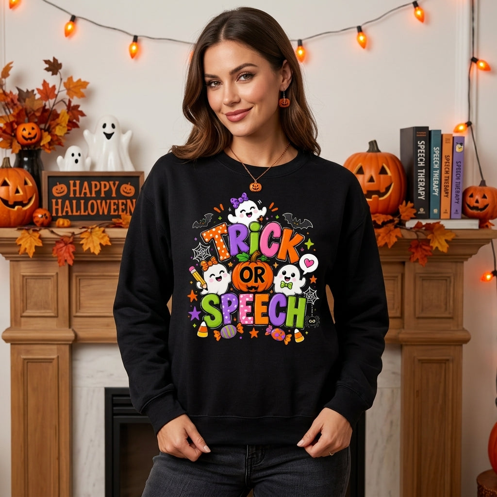 Cute Trick Or Speech Therapy Halloween T-shirt Sweatshirt Hoodie for SLP Teachers - mockup 1