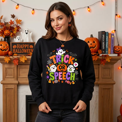 Cute Trick Or Speech Therapy Halloween T-shirt Sweatshirt Hoodie for SLP Teachers - mockup 1