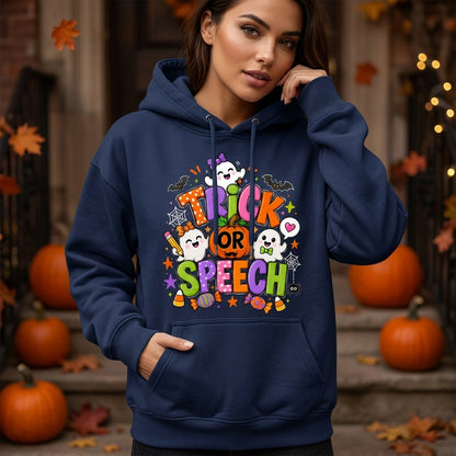 Cute Trick Or Speech Therapy Halloween T-shirt Sweatshirt Hoodie for SLP Teachers - mockup 2