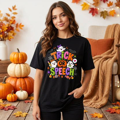 Cute Trick Or Speech Therapy Halloween T-shirt Sweatshirt Hoodie for SLP Teachers - mockup 3