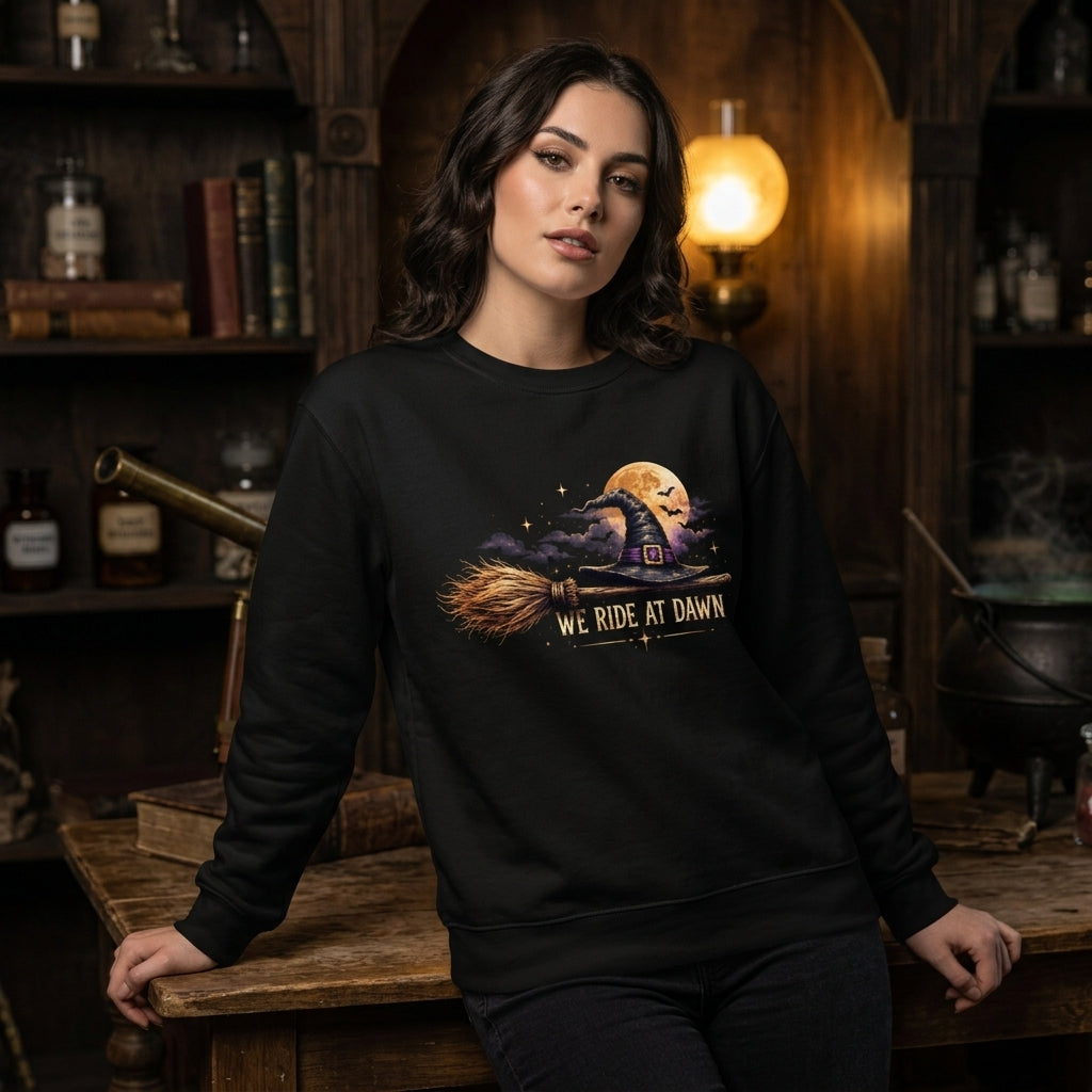 We Ride At Dawn Funny Halloween Witch Hat Broomstick T-shirt Sweatshirt Hoodie - mockup 1
