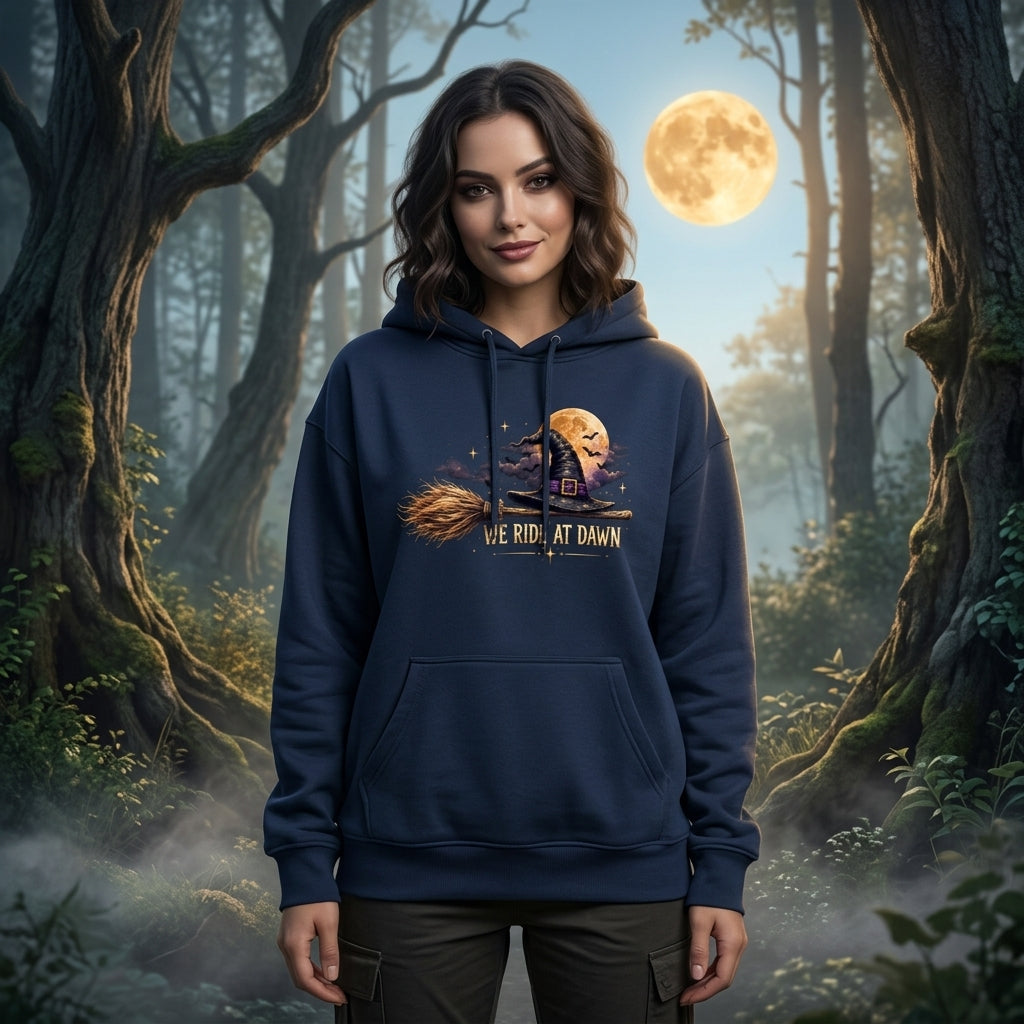 We Ride At Dawn Funny Halloween Witch Hat Broomstick T-shirt Sweatshirt Hoodie - mockup 2