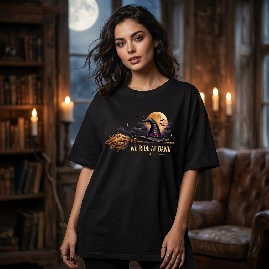 We Ride At Dawn Funny Halloween Witch Hat Broomstick T-shirt Sweatshirt Hoodie - mockup 3