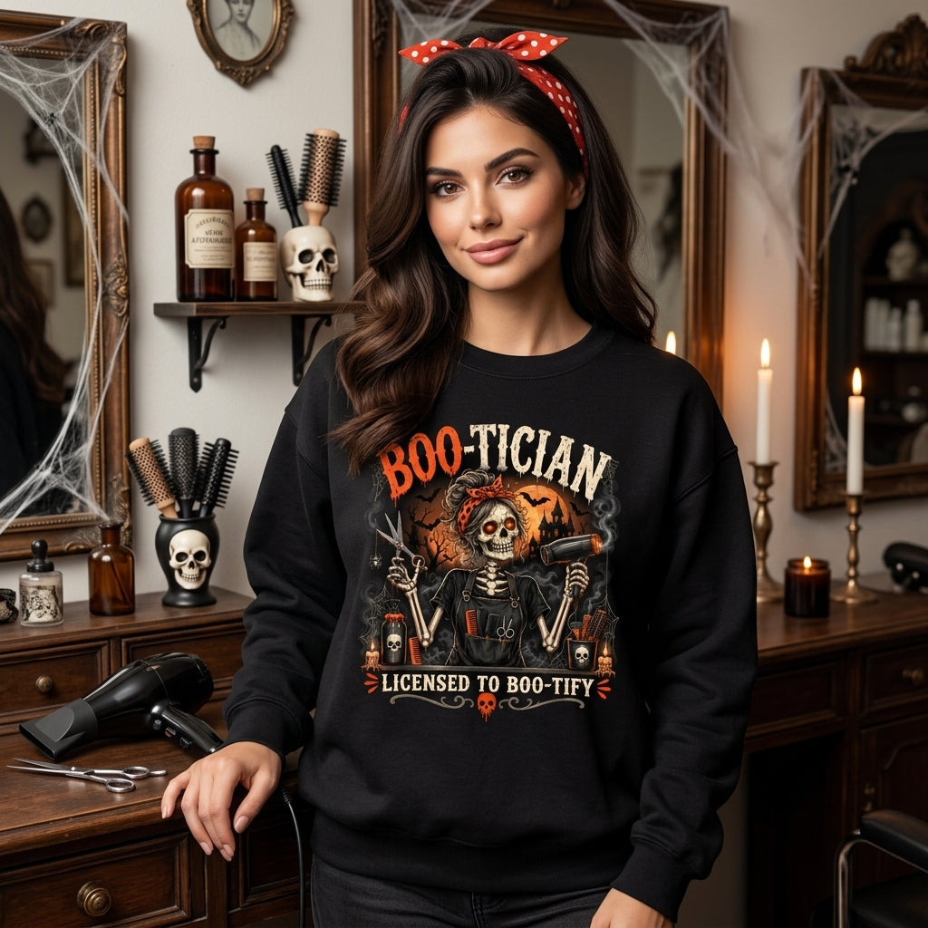 Boo-Tician Halloween Hair Stylist Skeleton T-shirt Sweatshirt Hoodie – Salon Stylist Gift - mockup 1