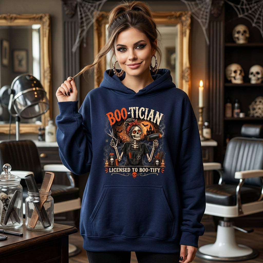 Boo-Tician Halloween Hair Stylist Skeleton T-shirt Sweatshirt Hoodie – Salon Stylist Gift - mockup 2