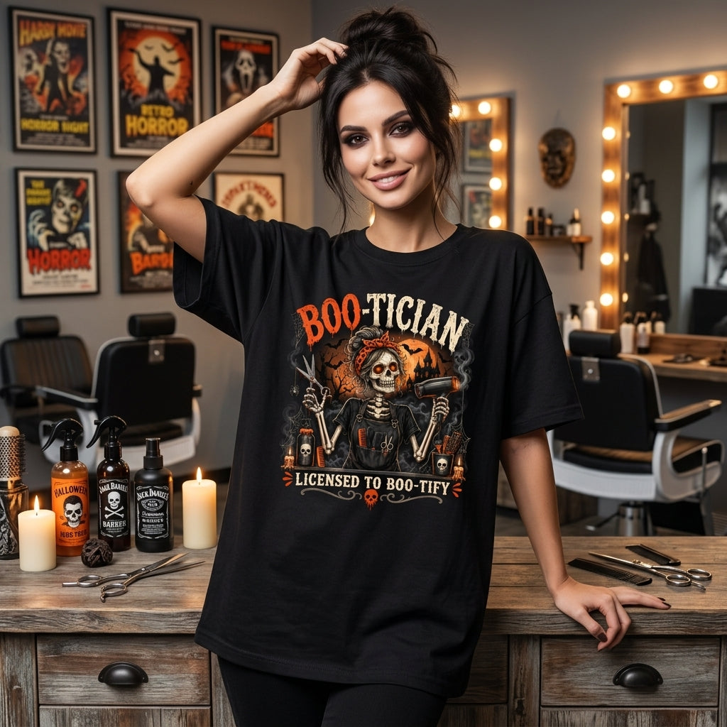 Boo-Tician Halloween Hair Stylist Skeleton T-shirt Sweatshirt Hoodie – Salon Stylist Gift - mockup 3