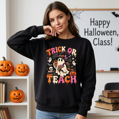 Trick Or Teach Groovy Teacher Halloween Retro Ghost T-shirt Sweatshirt Hoodie – Teacher Gift - mockup 1