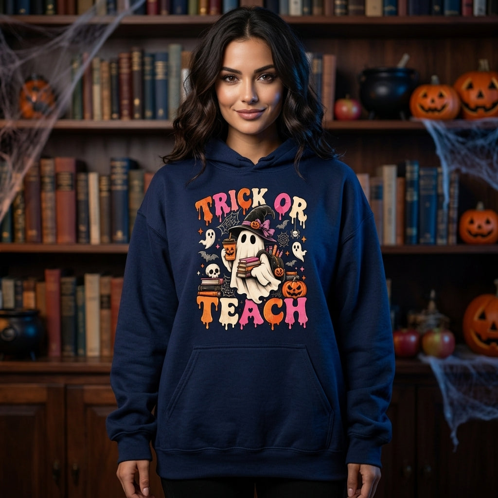 Trick Or Teach Groovy Teacher Halloween Retro Ghost T-shirt Sweatshirt Hoodie – Teacher Gift - mockup 2