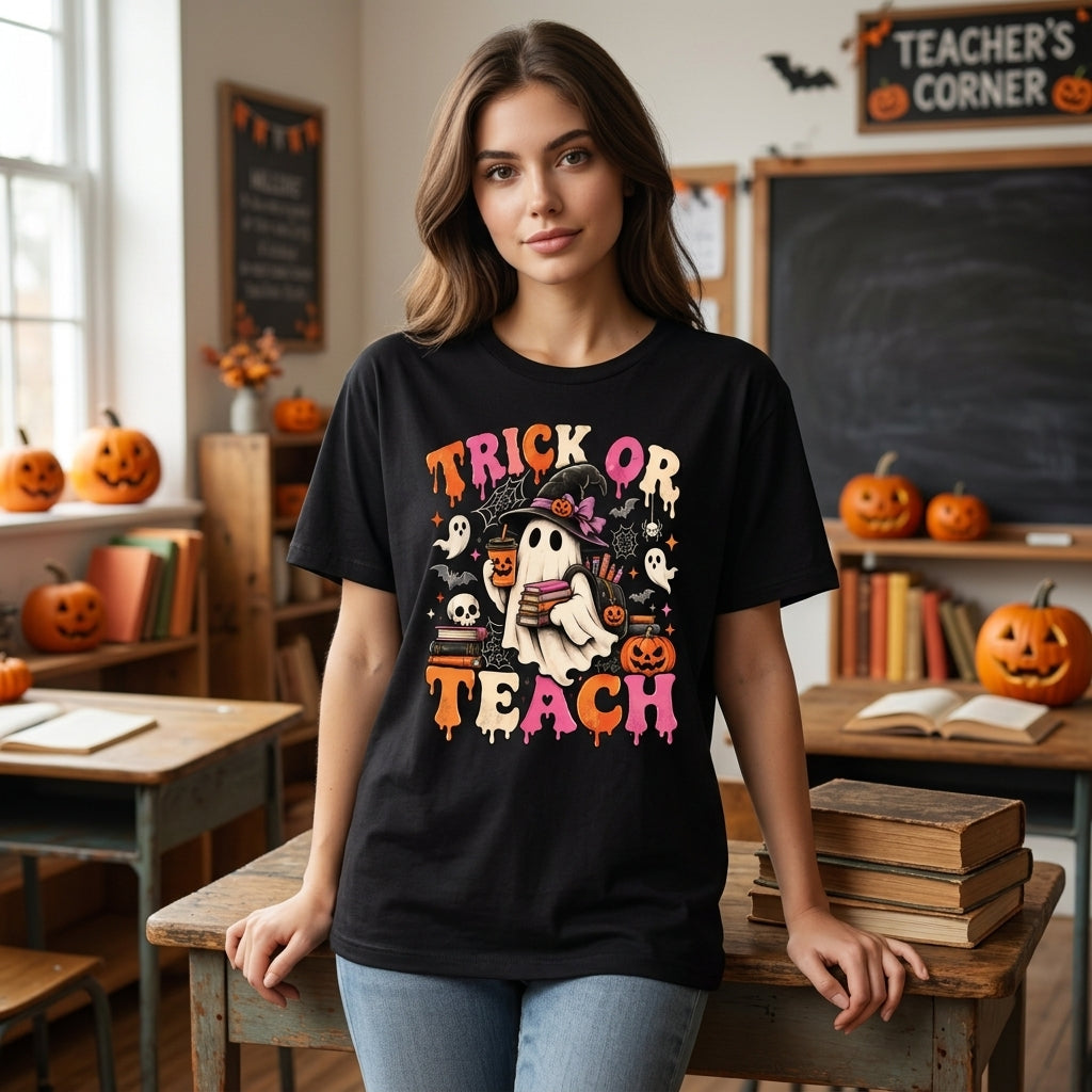Trick Or Teach Groovy Teacher Halloween Retro Ghost T-shirt Sweatshirt Hoodie – Teacher Gift - mockup 3