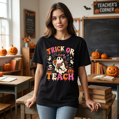 Trick Or Teach Groovy Teacher Halloween Retro Ghost T-shirt Sweatshirt Hoodie – Teacher Gift - mockup 3