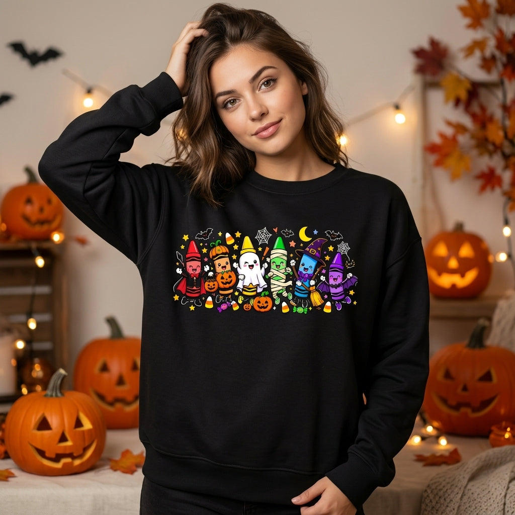 Spooky Halloween Crayons Teacher Classroom T-Shirt Sweatshirt Hoodie – Cute School Gift - mockup 1