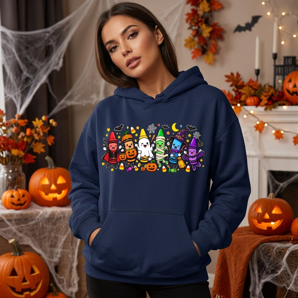 Spooky Halloween Crayons Teacher Classroom T-Shirt Sweatshirt Hoodie – Cute School Gift - mockup 2