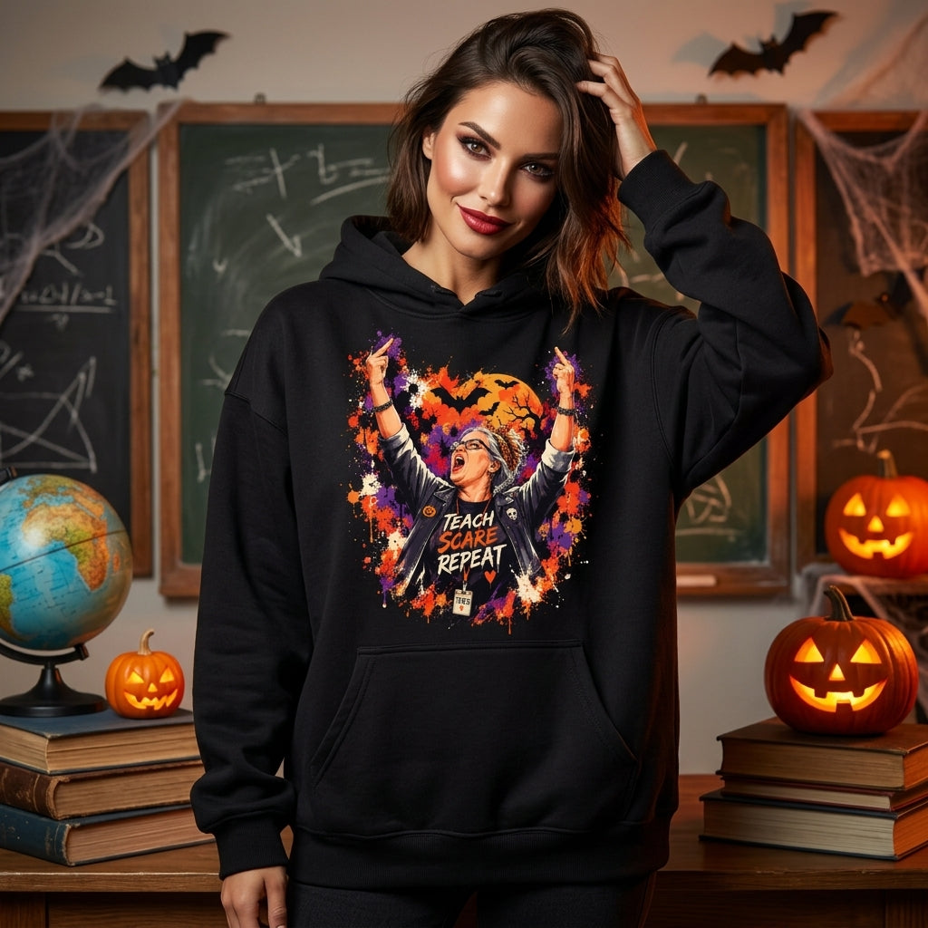 Teach Scare Repeat Rocker Halloween T-shirt Sweatshirt Hoodie – Edgy Teacher Gift - mockup 1