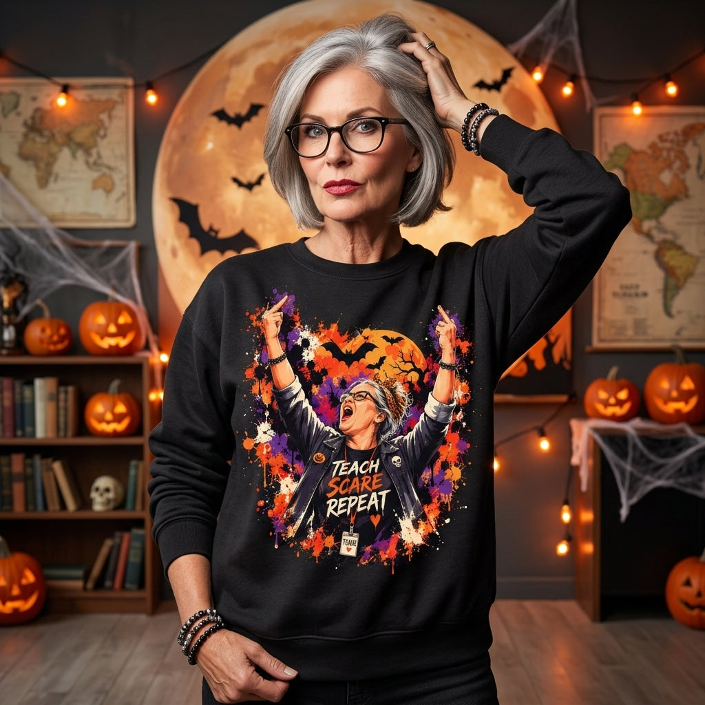 Teach Scare Repeat Rocker Halloween T-shirt Sweatshirt Hoodie – Edgy Teacher Gift - mockup 2