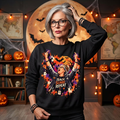 Teach Scare Repeat Rocker Halloween T-shirt Sweatshirt Hoodie – Edgy Teacher Gift - mockup 2