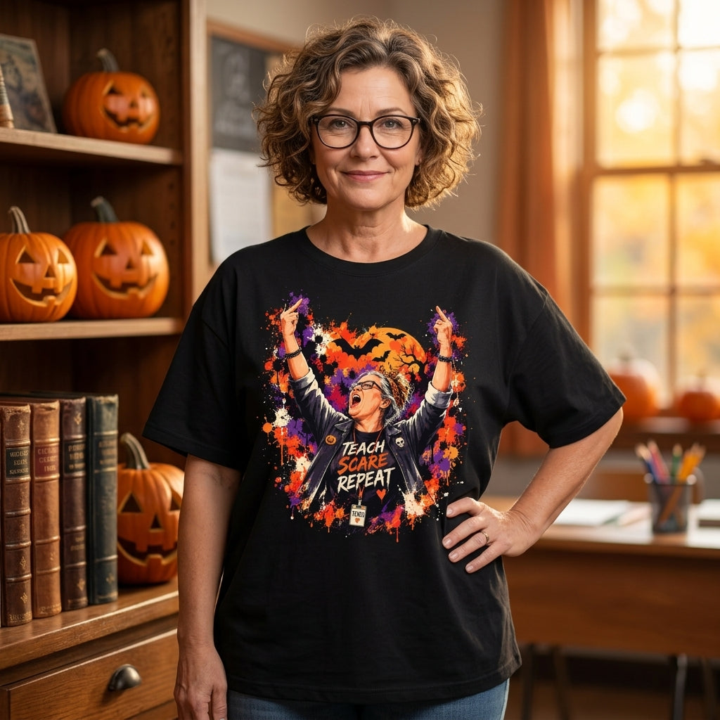 Teach Scare Repeat Rocker Halloween T-shirt Sweatshirt Hoodie – Edgy Teacher Gift - mockup 3