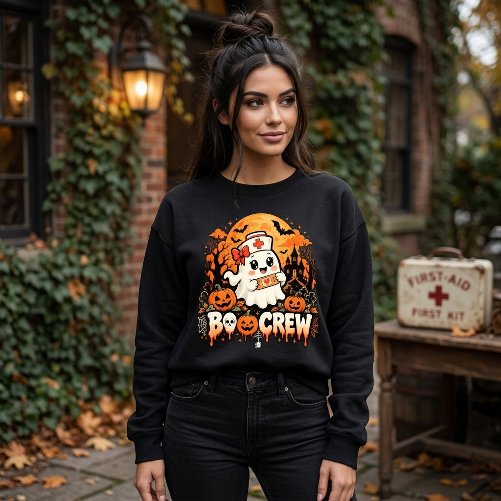 Nurse Halloween Ghost Boo Crew T-shirt Sweatshirt Hoodie - Cute Spooky Nurse Gift - mockup 2