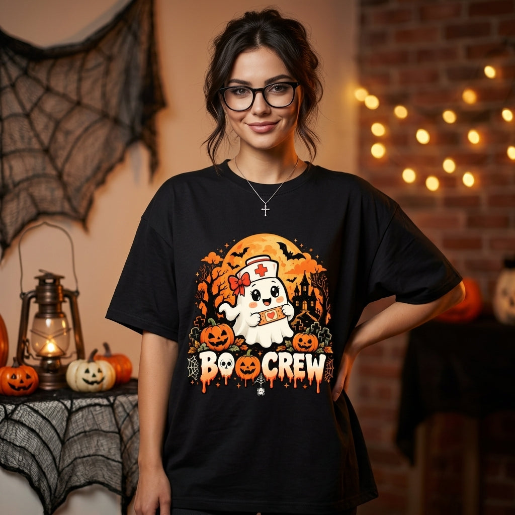 Nurse Halloween Ghost Boo Crew T-shirt Sweatshirt Hoodie - Cute Spooky Nurse Gift - mockup 3
