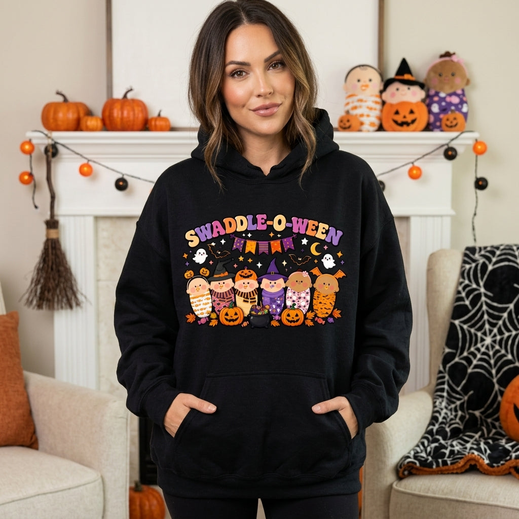 Swaddle-O-ween Cute Halloween Babies T-shirt Sweatshirt Hoodie - Festive Fall Gift - mockup 1