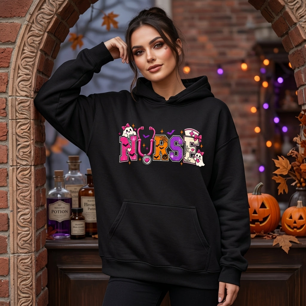 Halloween Nurse Ghost & Stethoscope T-shirt Sweatshirt Hoodie – Spooky Nursing Gift - mockup 1