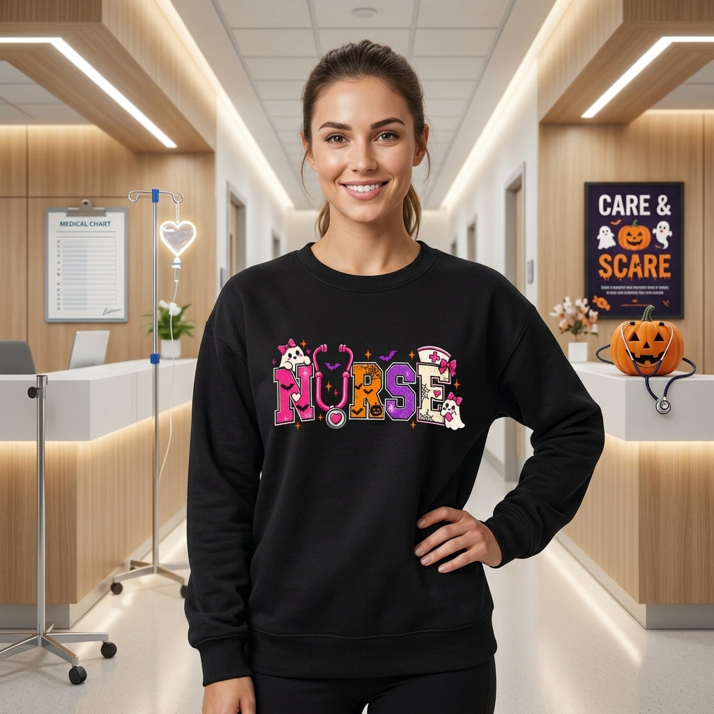 Halloween Nurse Ghost & Stethoscope T-shirt Sweatshirt Hoodie – Spooky Nursing Gift - mockup 2