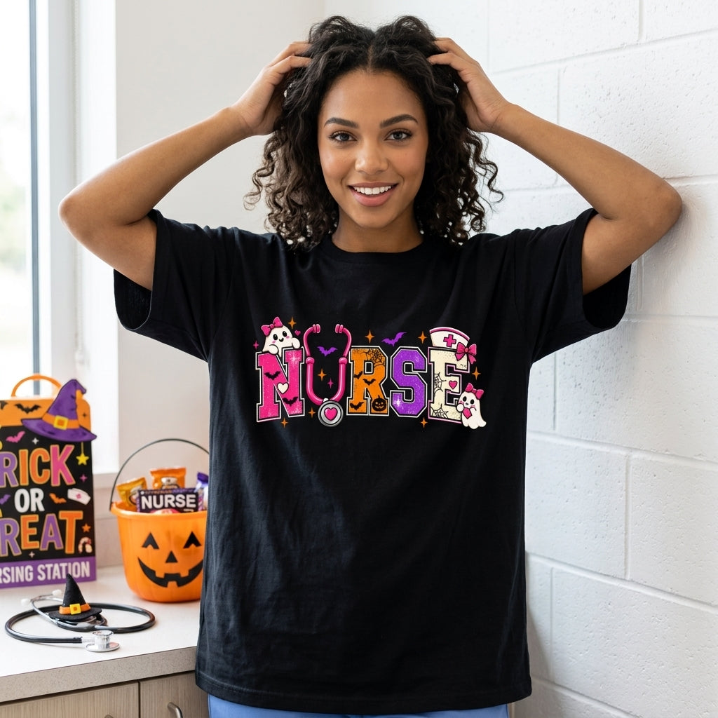 Halloween Nurse Ghost & Stethoscope T-shirt Sweatshirt Hoodie – Spooky Nursing Gift - mockup 3