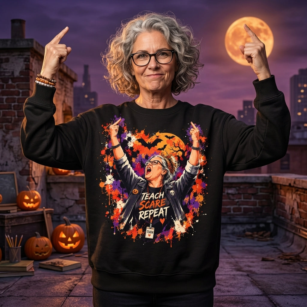Teach Scare Repeat Halloween Teacher T-shirt Sweatshirt Hoodie - Edgy Rocker Educator Gift - mockup 1