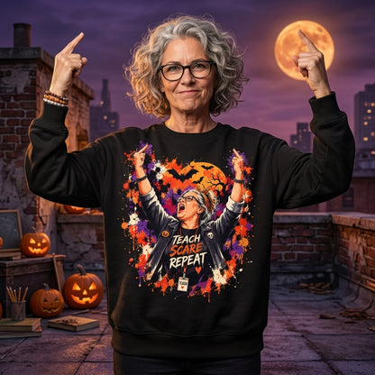 Teach Scare Repeat Halloween Teacher T-shirt Sweatshirt Hoodie - Edgy Rocker Educator Gift - mockup 1