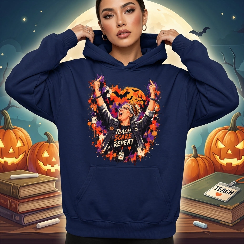 Teach Scare Repeat Halloween Teacher T-shirt Sweatshirt Hoodie - Edgy Rocker Educator Gift - mockup 2