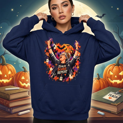 Teach Scare Repeat Halloween Teacher T-shirt Sweatshirt Hoodie - Edgy Rocker Educator Gift - mockup 2
